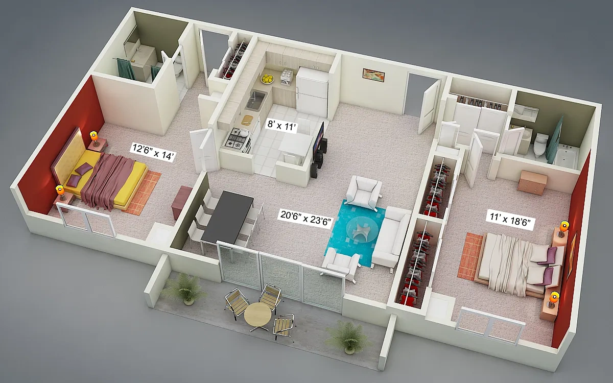 Yorktown Towers – Two Bedroom Two Bath Split Suite
