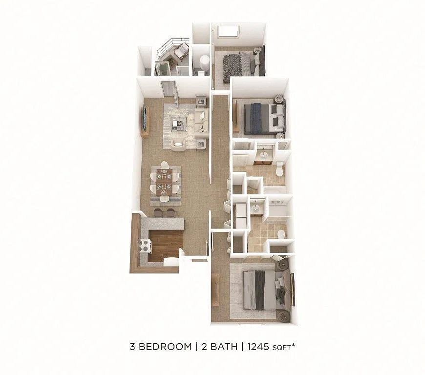 Steeplechase Apartments and Townhomes – Three Bedroom 2 Bath- 1245 sqft