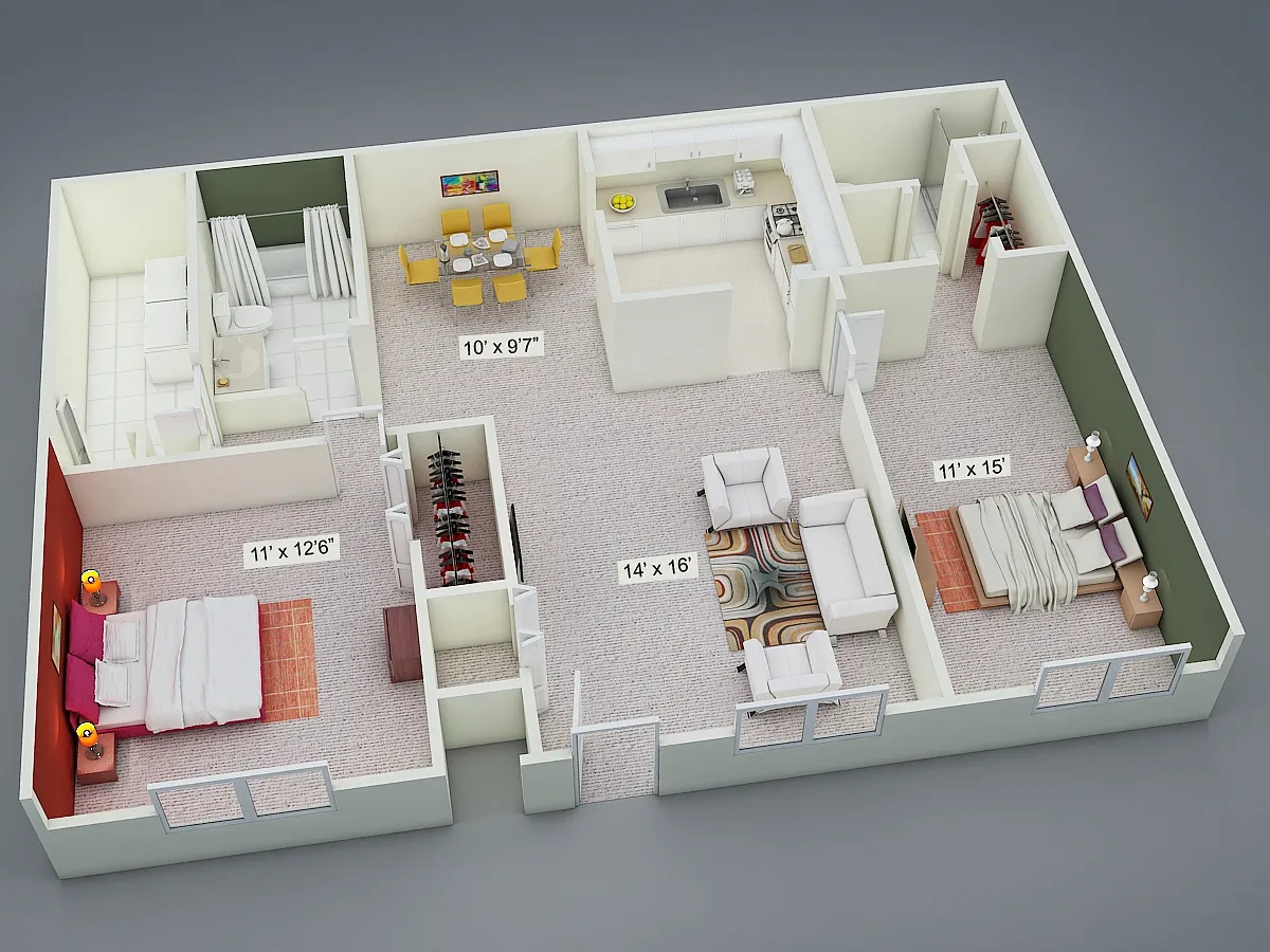 Oakwood Apartments – Two Bedroom Two Bath Split Ranch